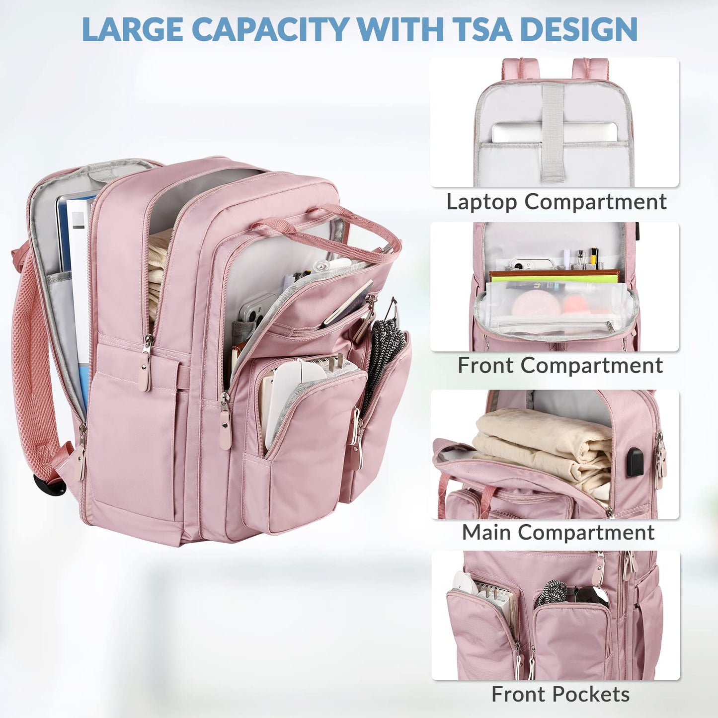 Laptop Backpack for Women, 15.6 Inch Travel Laptop Backpack with USB Charging Port, Large Middle School Backpacks for Girls, College Gifts Laptop Bookbag Teacher Backpacks, Pink