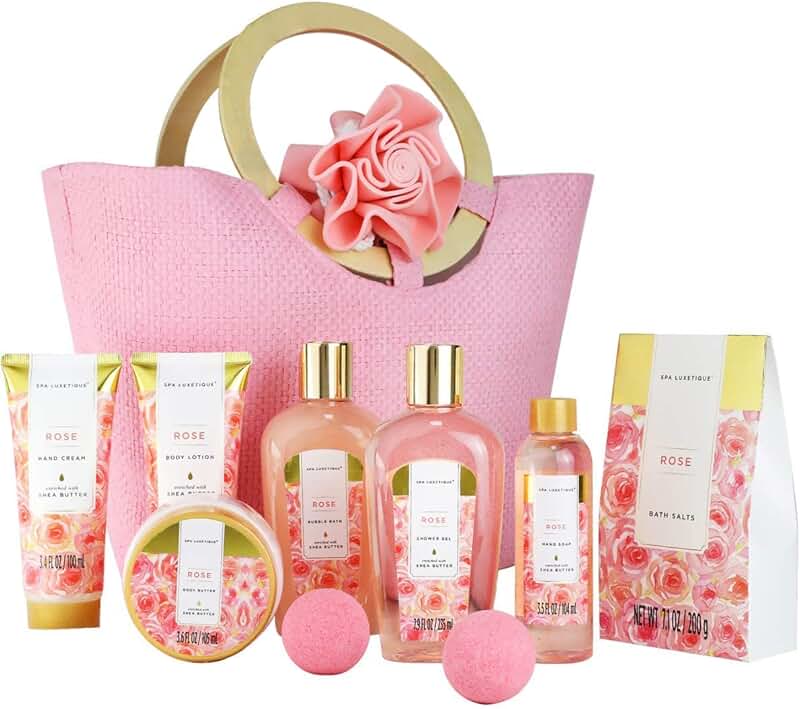 10-Piece Rose Bath Gift Set in Pink Tote