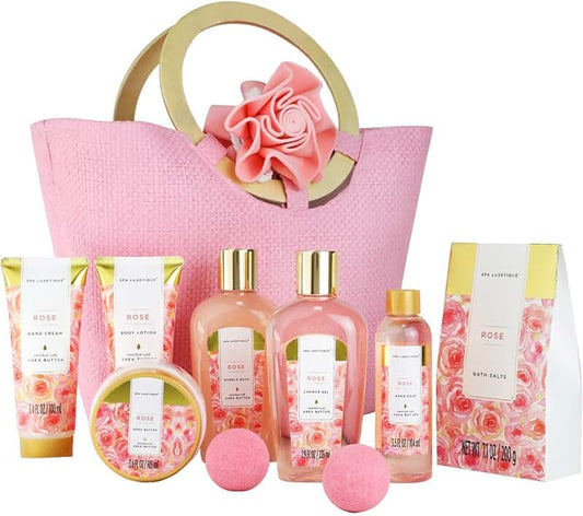 10-Piece Rose Bath Gift Set in Pink Tote
