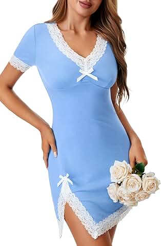 Women's V Neck Lace Short Sleeve Nightdress