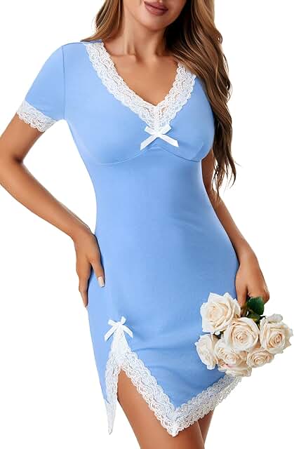 Women's V Neck Lace Short Sleeve Nightdress
