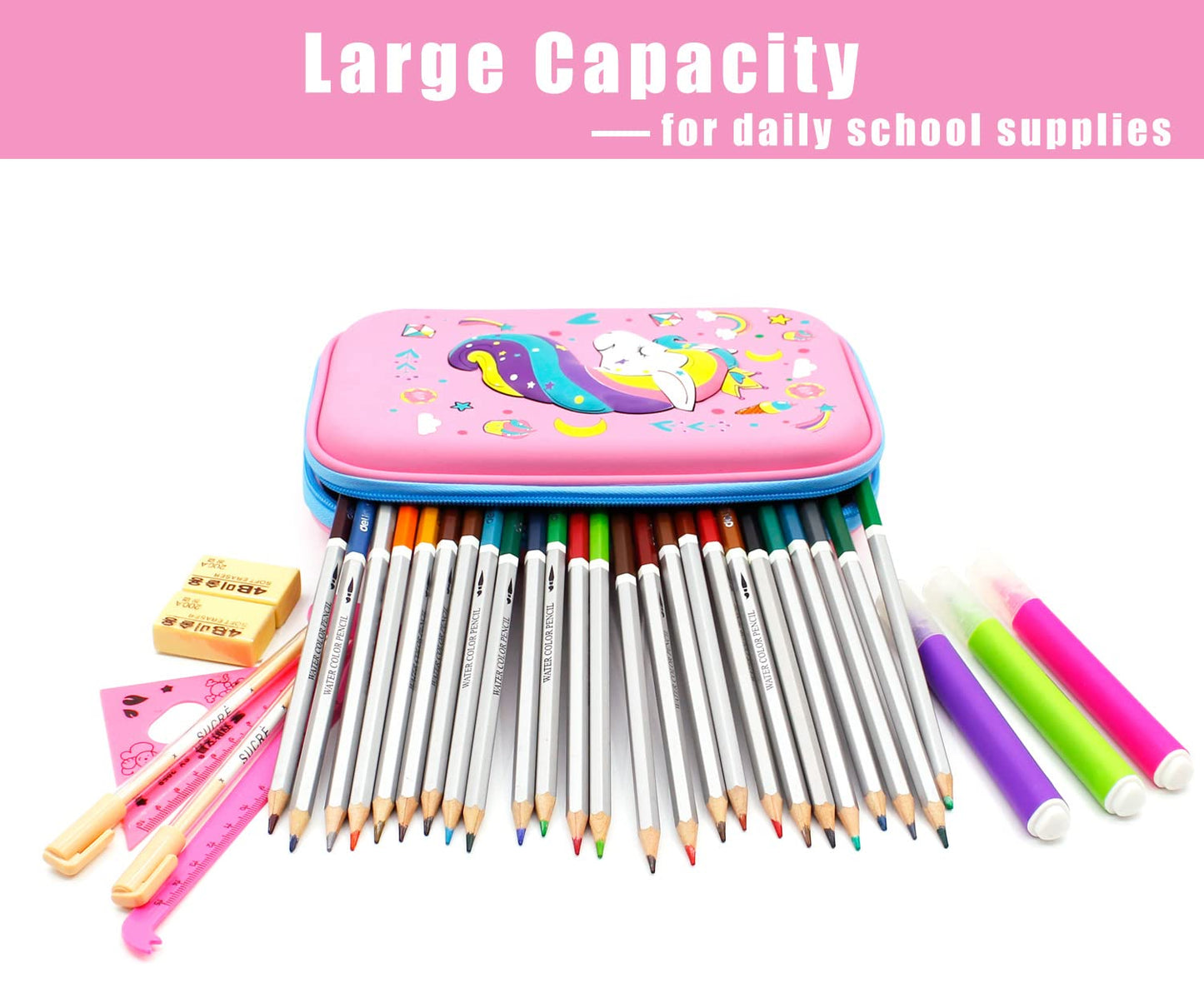 Crown Unicorn Pencil Case for Girls, Light Pink