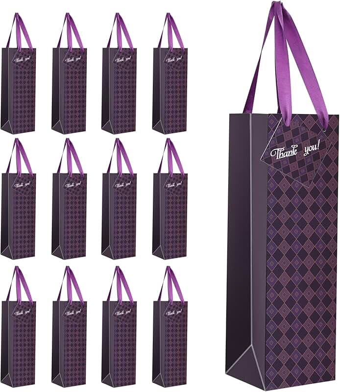 Set of 12 purple wine gift bags with handles and thank you cards