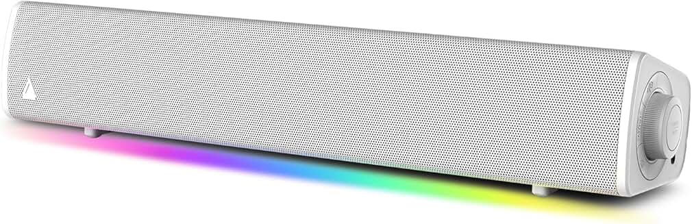 White compact RGB gaming soundbar with Bluetooth and USB
