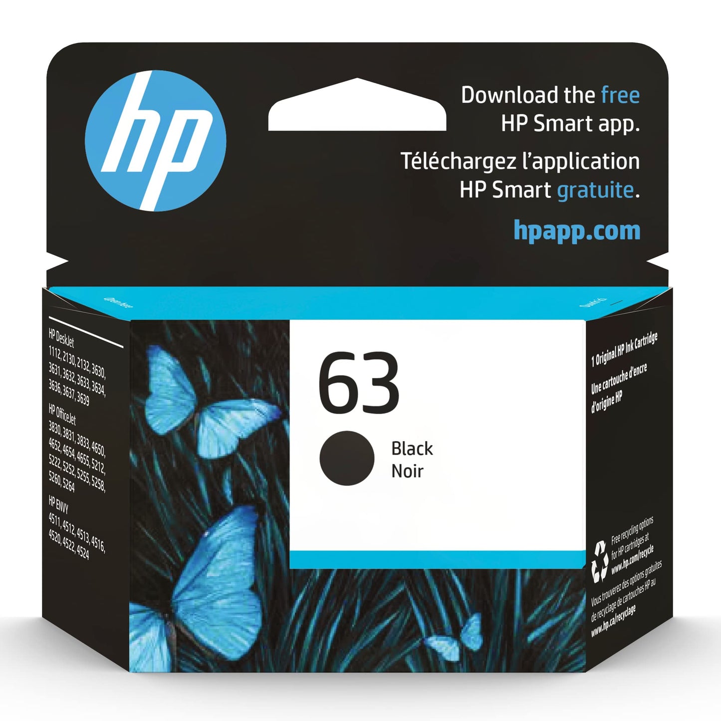 Original 63 Black Ink Cartridge | Works with DeskJet 1112, 2130, 3630 Series; ENVY 4510, 4520 Series; OfficeJet 3830, 4650, 5200 Series | Eligible for Instant Ink | F6U62AN
