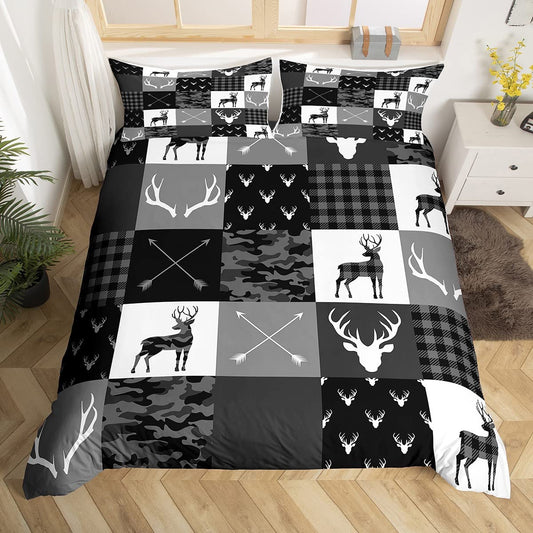 Deer Silhouette Bedding Set King Size,Antlers Arrow Pattern Duvet Cover with 2 Pillowcases,Stripes Gird Camouflage Comforter Cover for Kids Teens Room Decor,Soft Black White Grey Quilt Cover