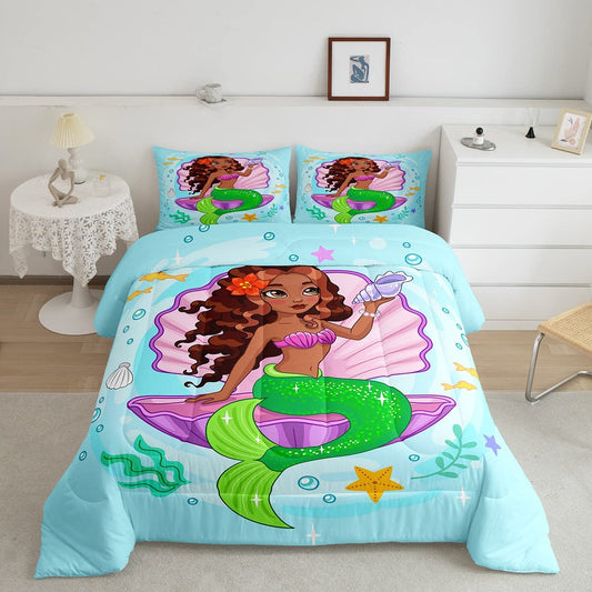 Black Mermaid Bedding Twin Black Girl Comforter Ocean Theme Quilt Seashell Conch Starfish Duvet Green Mermaid Scale Bed Set Sea life Decor for Kids Girls Toddler Bedroom 2 Piece Blue