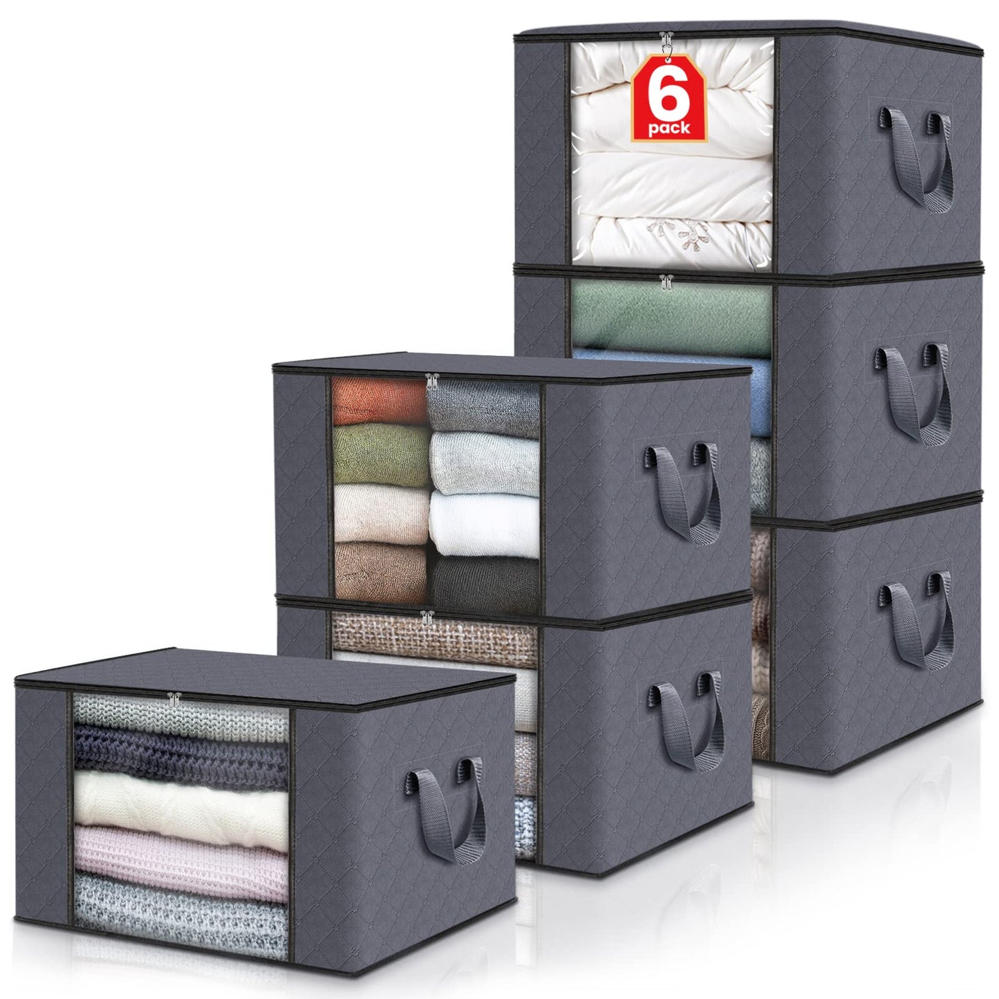 6 Pack Clothes Storage, Foldable Blanket Storage Bags, Storage Containers for Organizing Bedroom, Closet, Clothing, Comforter, Sweater, Organization and Storage with Lids and Handle, Grey