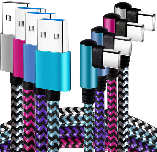 USB C Cord 6ft 4-Pack Nylon Angle Cables in Blue Black Magenta Purple