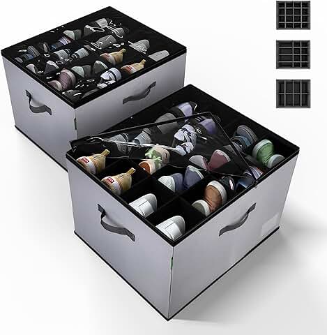 Foldable Fabric Shoe Storage Box, Holds 32 Pairs, Gray, 2 Pack