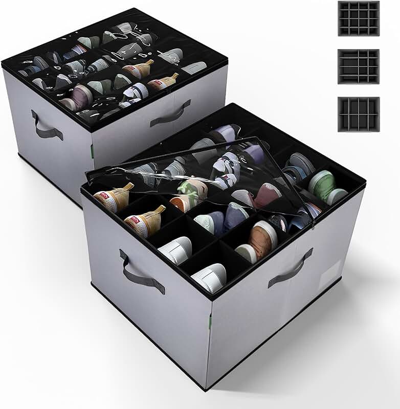 Foldable Fabric Shoe Storage Box, Holds 32 Pairs, Gray, 2 Pack