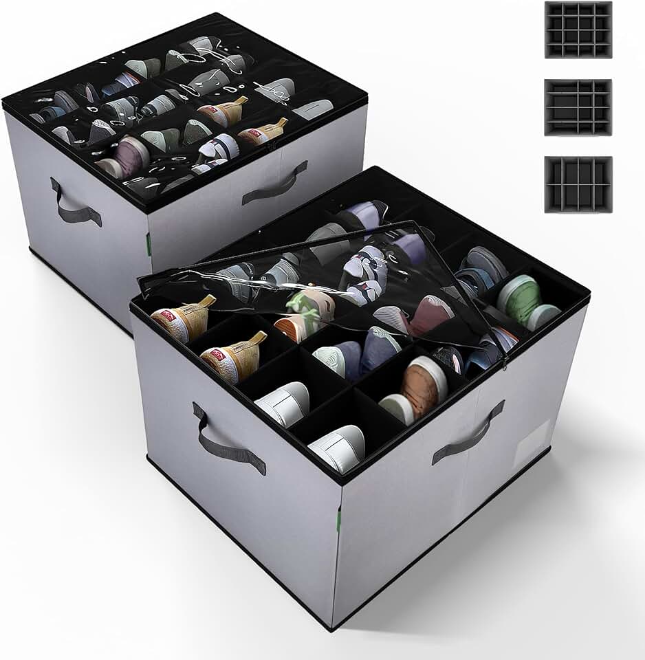 Foldable Fabric Shoe Storage Box, Holds 32 Pairs, Gray, 2 Pack