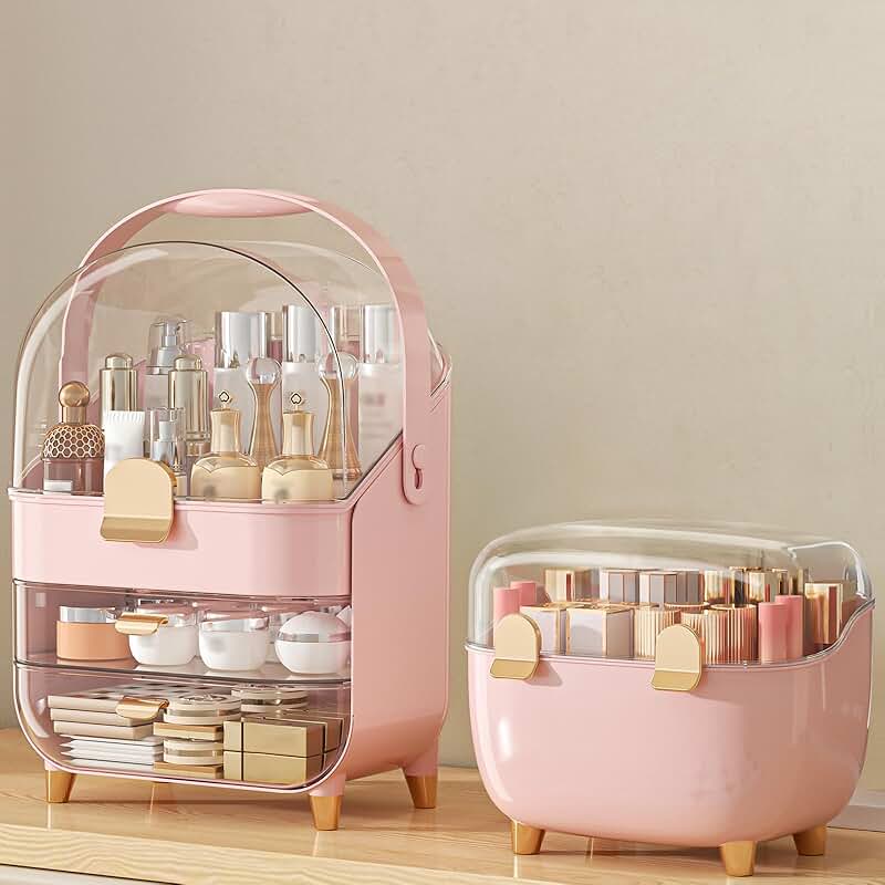 Pink Makeup and Skincare Organizer with Lipstick Holder