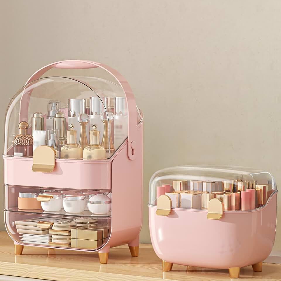 Pink Makeup and Skincare Organizer with Lipstick Holder