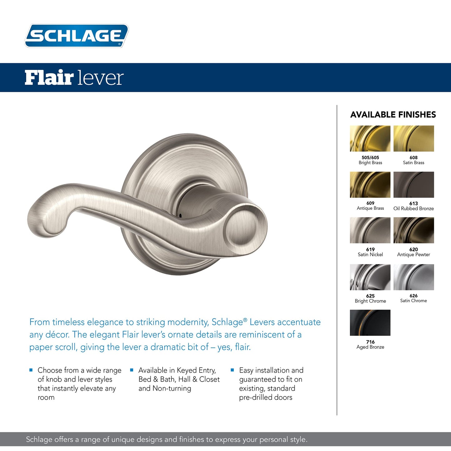 F40 FLA 619 Flair Door Lever, Privacy Lock, Nickel