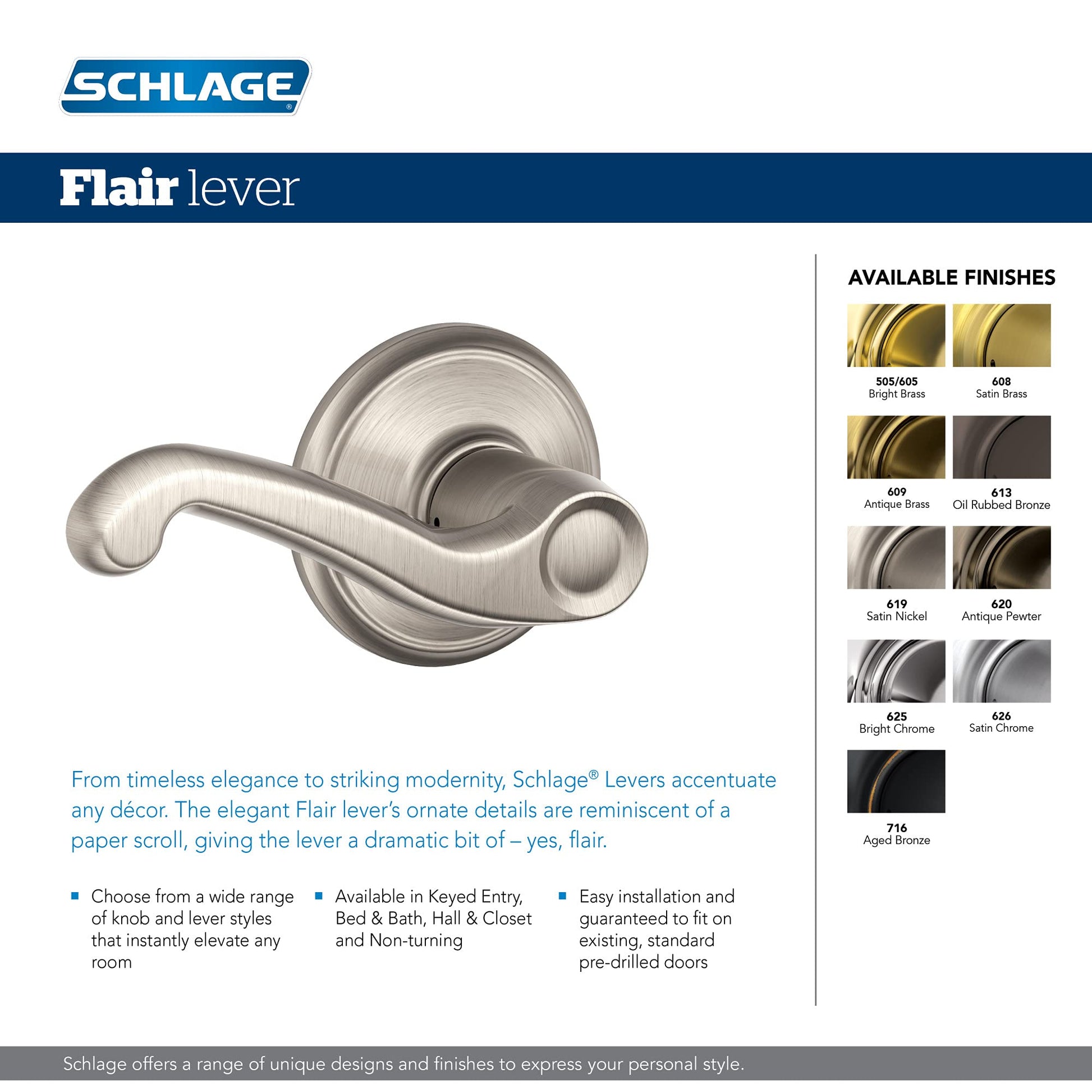 F40 FLA 619 Flair Door Lever, Privacy Lock, Nickel