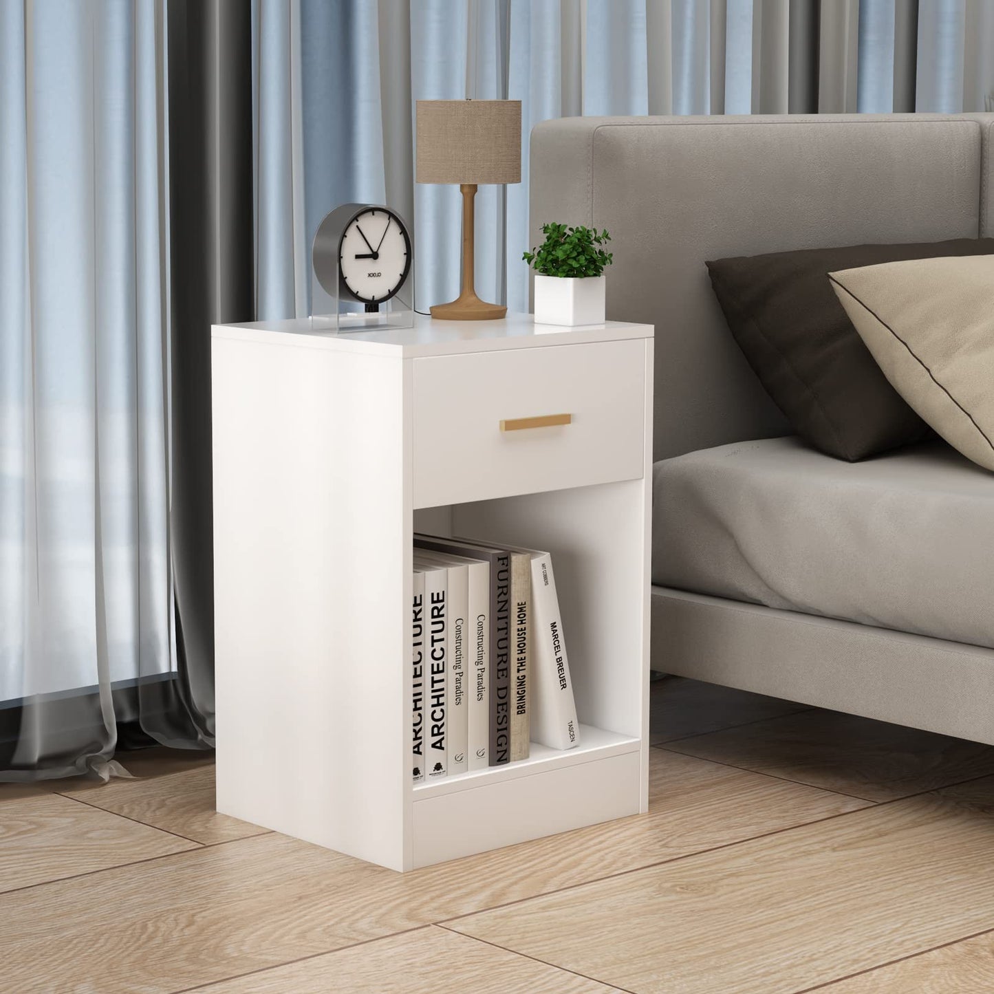 Nightstand with Charging Station, End Side Table with Storage Dr er and Open Cabinet, Bedside Table for Bedroom, White