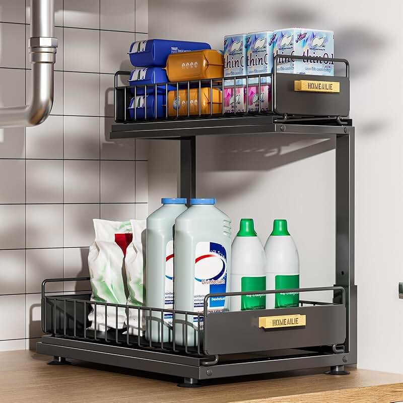 Adjustable Two-Tier Under Sink Organizer in Black