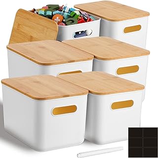 Six Stackable Storage Bins with Bamboo Lids and Labels