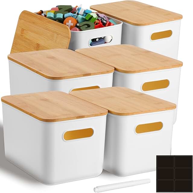 Six Stackable Storage Bins with Bamboo Lids and Labels