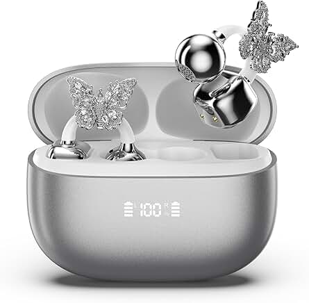 Open Ear Clip-On Wireless Earbuds with LED Display and Butterfly Earrings