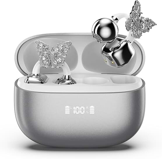 Open Ear Clip-On Wireless Earbuds with LED Display and Butterfly Earrings