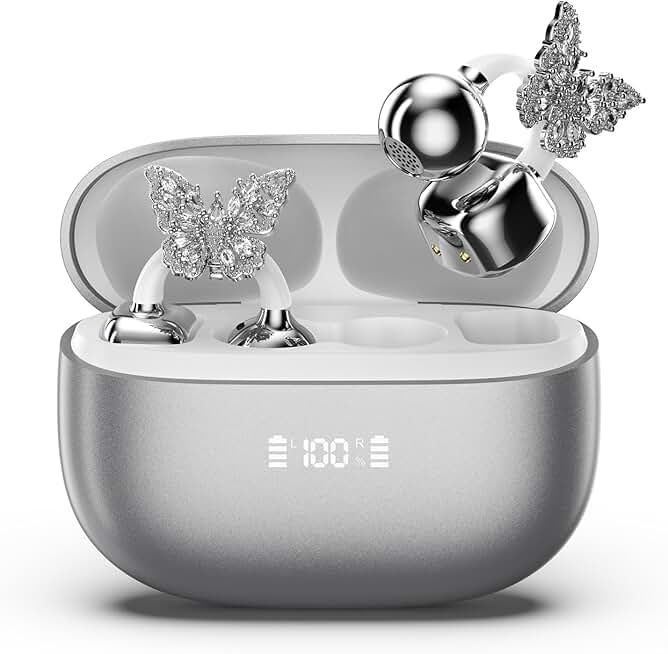 Open Ear Clip-On Wireless Earbuds with LED Display and Butterfly Earrings