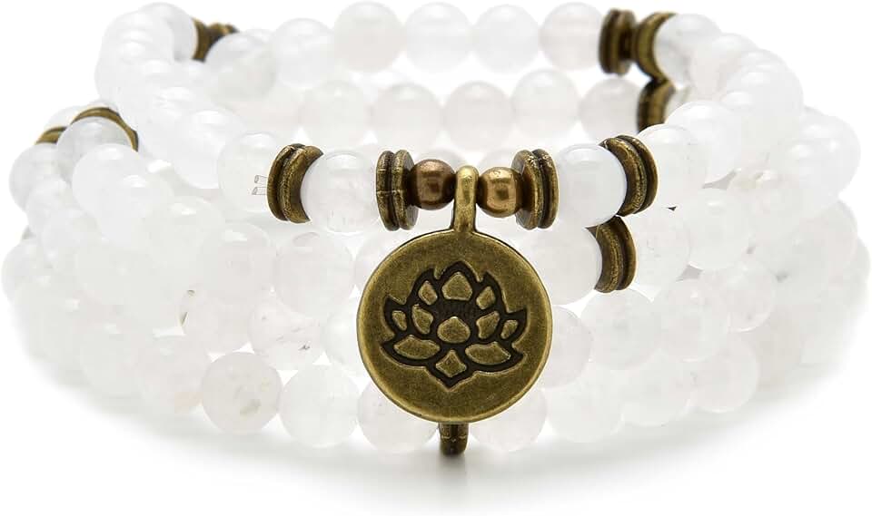 Healing Mala Beads Bracelet or Necklace with Gold Lotus Charm