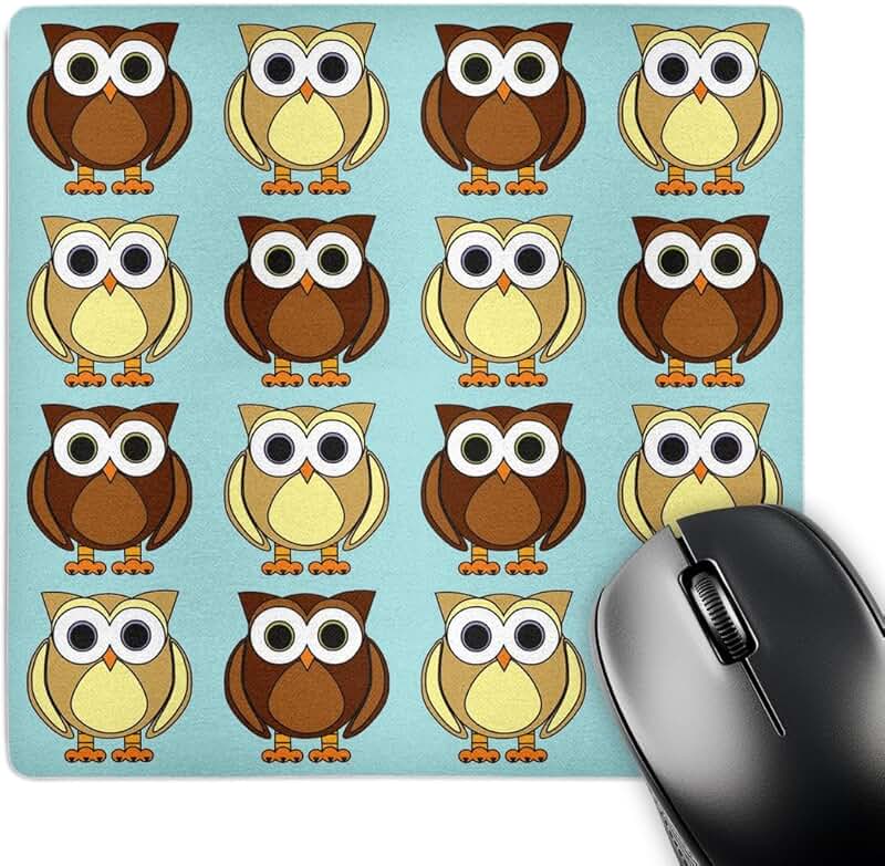 Cute brown owl and blue mouse pad, 8x8 inches