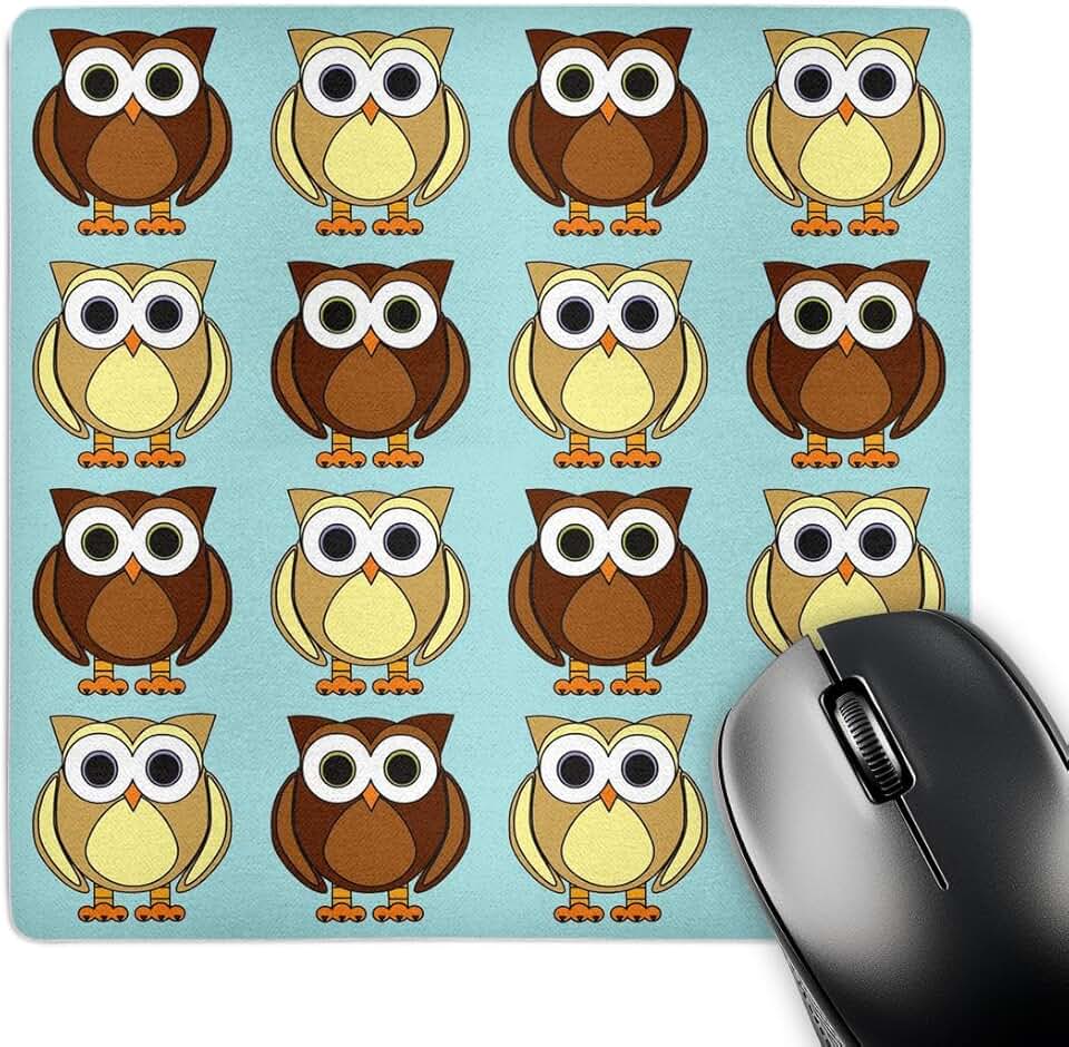 Cute brown owl and blue mouse pad, 8x8 inches