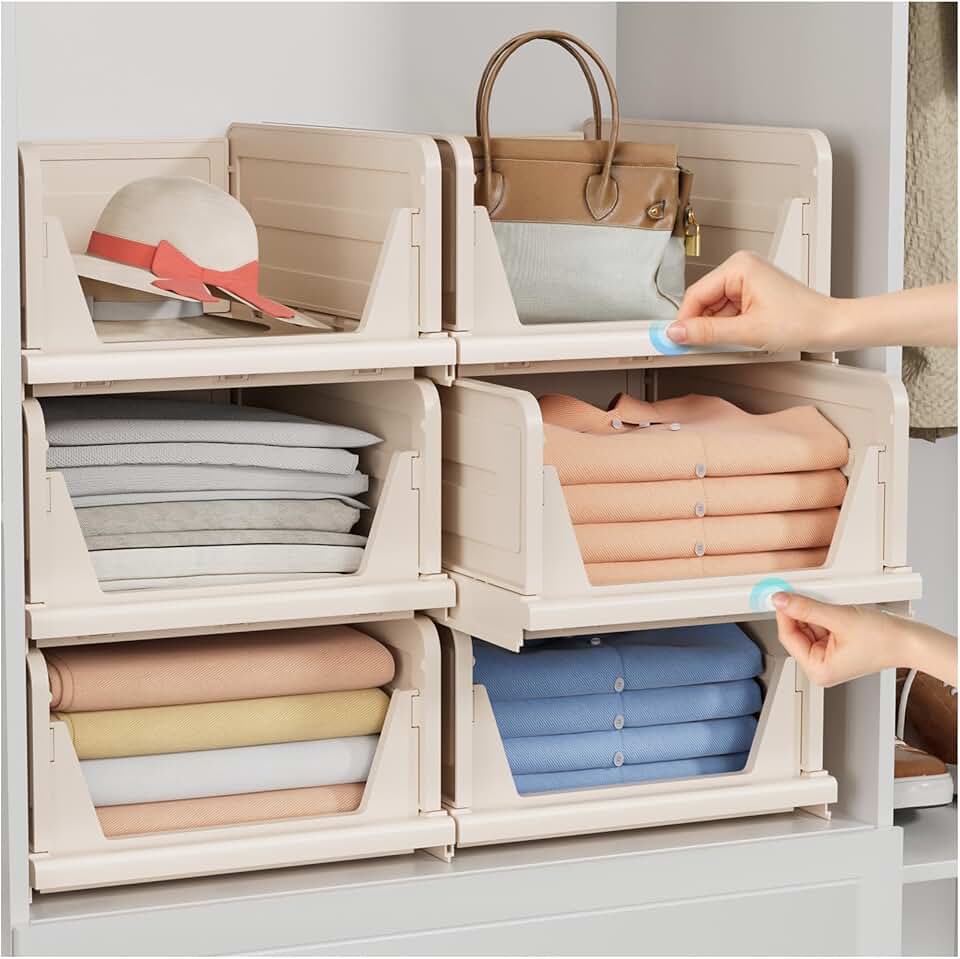 Six Stackable Plastic Closet Storage Bins