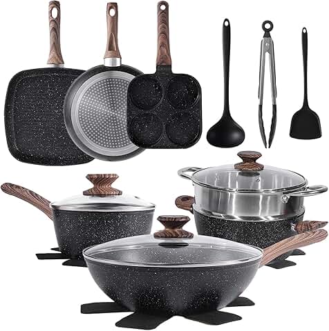 Sweetcrispy 17-Piece Nonstick Cookware Set with Stay-Cool Handles