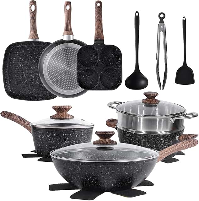 Sweetcrispy 17-Piece Nonstick Cookware Set with Stay-Cool Handles