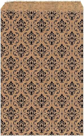 200 Damask Paper Gift Bags, Small Size, Brown and Black