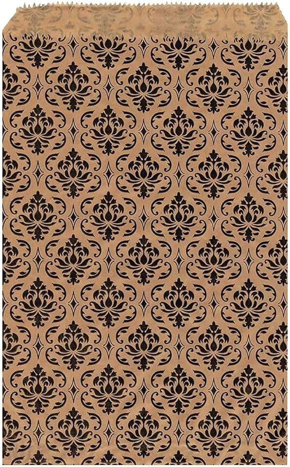 200 Damask Paper Gift Bags, Small Size, Brown and Black