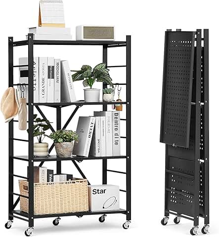 Foldable 4-Tier Metal Storage Shelf with Wheels