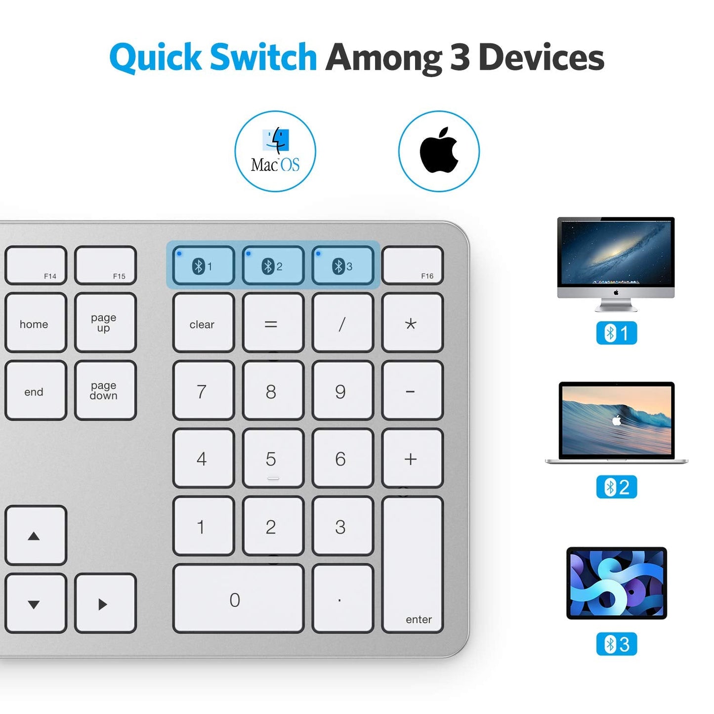 Bluetooth Keyboard for Mac, Wireless Keyboard with Numeric Keypad, Multi-Device, Rechargeable, Compatible with MacBook Pro/Air, iMac, iMac Pro, Mac Mini, Mac Pro Laptop and PC (Silver)