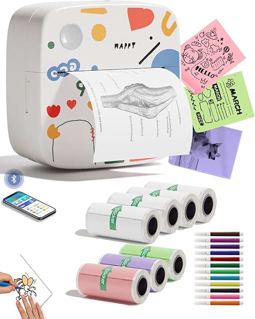 Mini Portable Inkless Sticker Printer with 8 Rolls