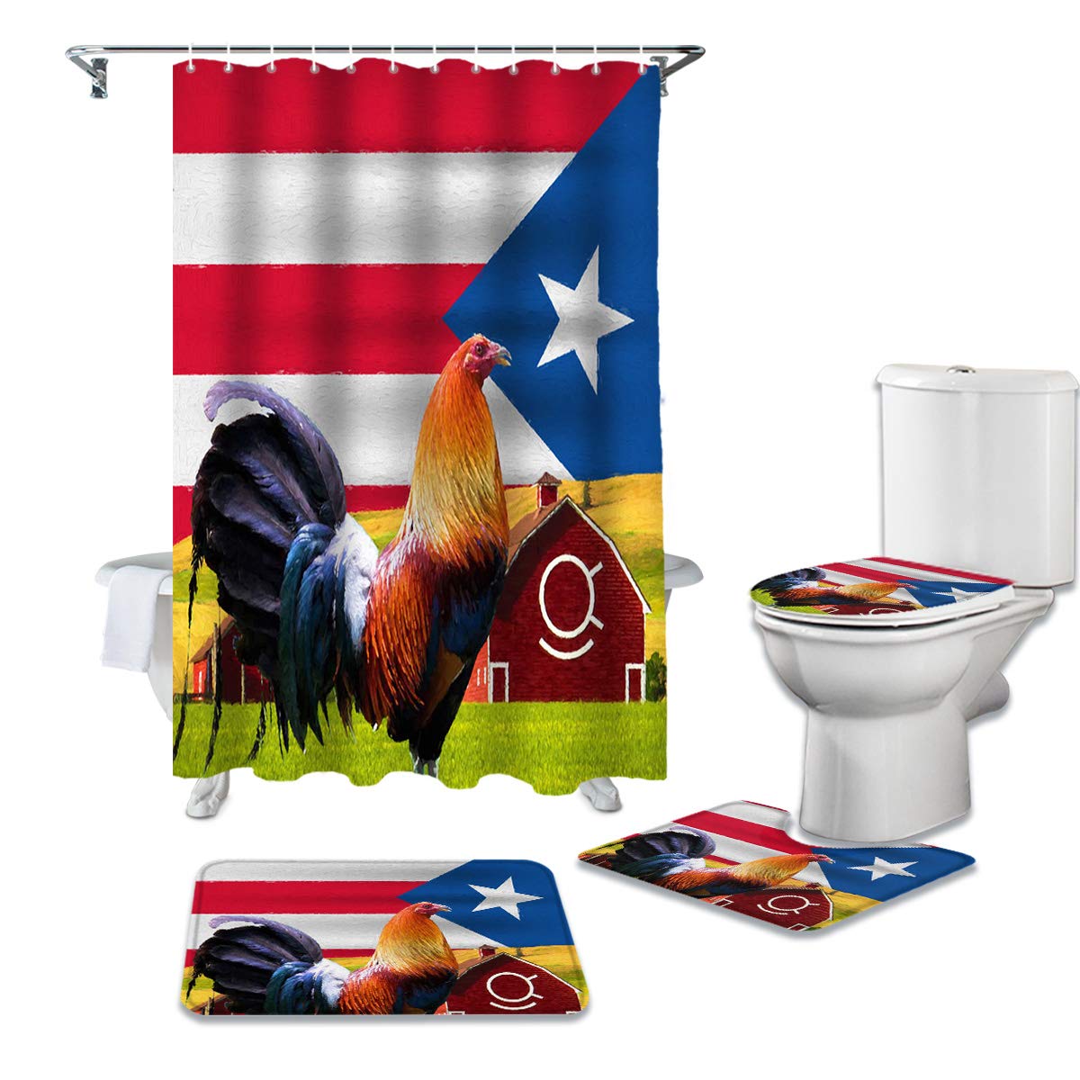 4Pcs Shower Curtain Polyester Waterproof Shower Curtain Set Puerto Rico Flag Farm Rooster Kitchen Animal Red Barn Anti-Skid Rug,Tet Lid Cover  Bath Mat with 12 Hooks