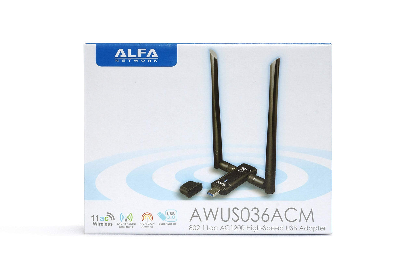 Long-Range Dual-Band AC1200 USB 3.0 Wi-Fi Adapter w/ 2X 5dBi External Antennas - 2.4GHz 300Mbps/5GHz 867Mbps - 802.11ac & A, B, G, N - Windows, MacOS & Kali Linux Supported - (AWUS036ACM)