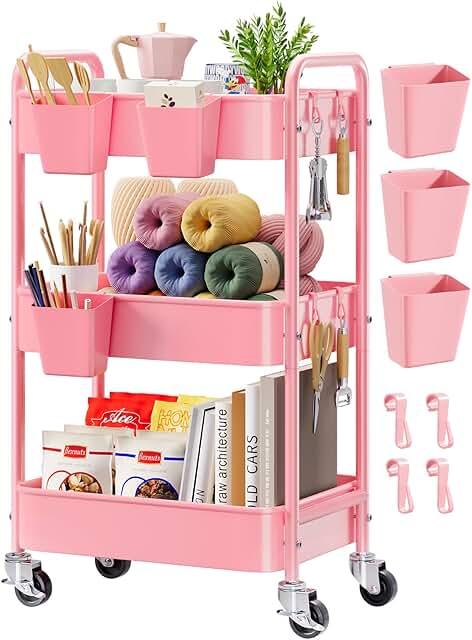 Pink 3-Tier Metal Rolling Cart with Lockable Wheels