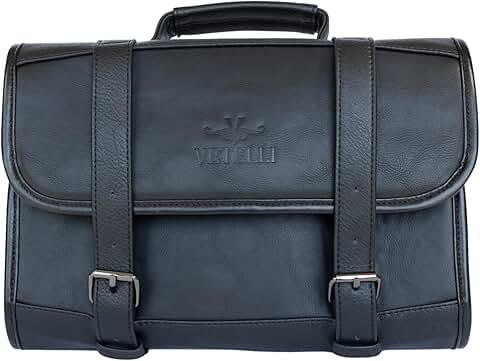 Leather toiletry bag with water resistance and multiple pockets