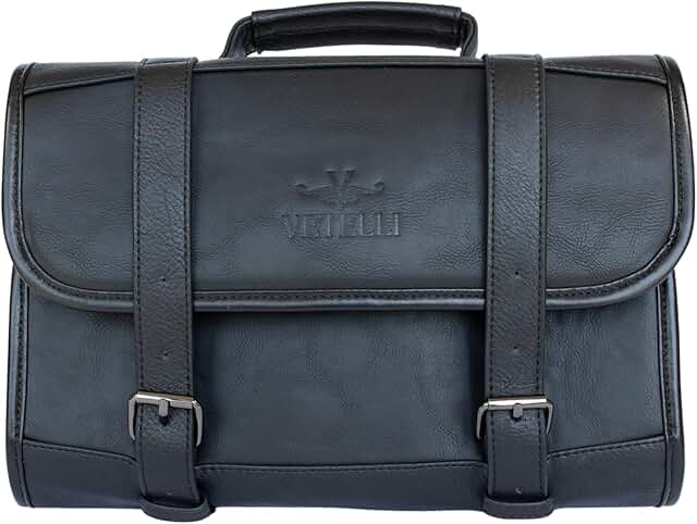 Leather toiletry bag with water resistance and multiple pockets