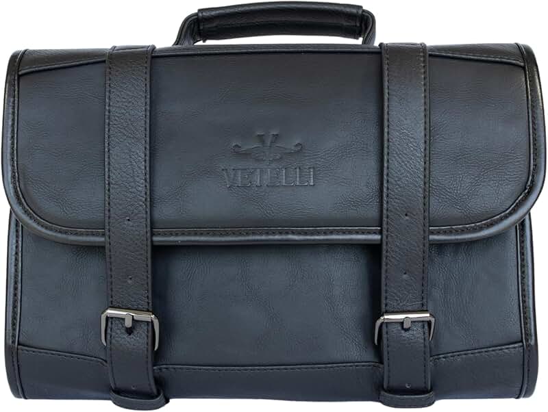 Leather toiletry bag with water resistance and multiple pockets