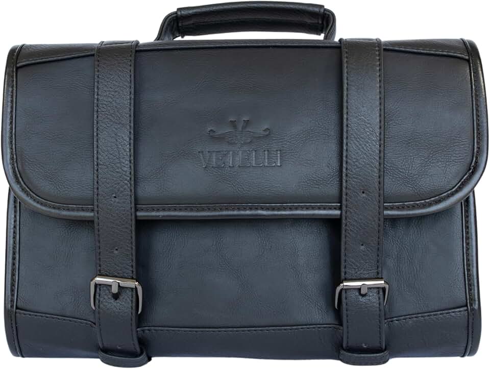 Leather toiletry bag with water resistance and multiple pockets