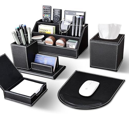 Five-piece black desk organizer set with accessories