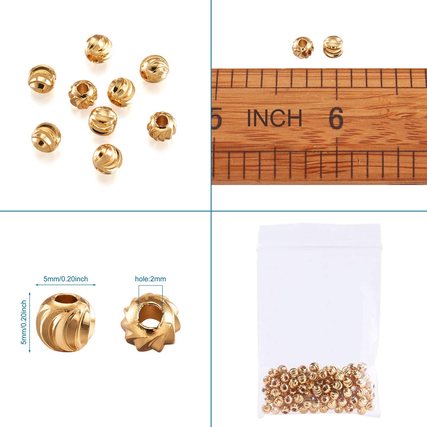18K Gold Corrugated Round Beads for Jewelry Making