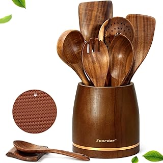 Wooden Cooking Spoons Set with Rest and Holder