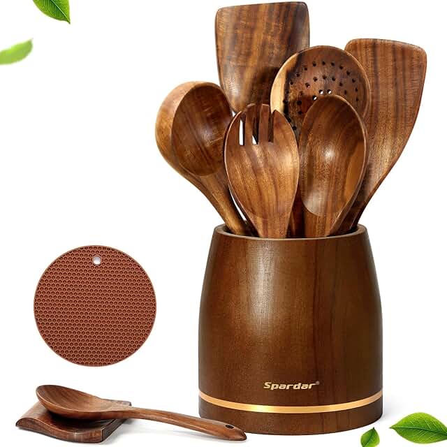 Wooden Cooking Spoons Set with Rest and Holder