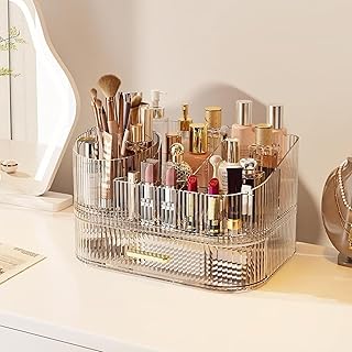Large 360° Rotating Clear Makeup Organizer with Drawer